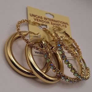Gold Hoop Earring Set 3 Pair Rhinestone Textured Chain Hoops NWT